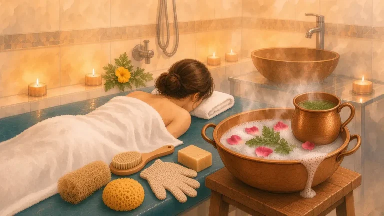 Guest during a body scrub, covered with a towel