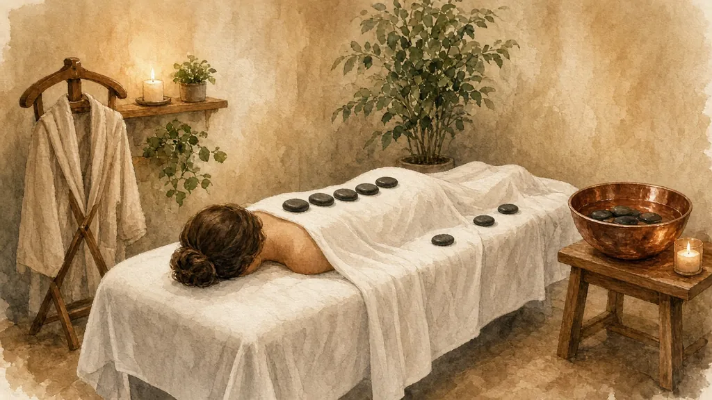 Guest relaxing with warm stones placed on the towel along her back