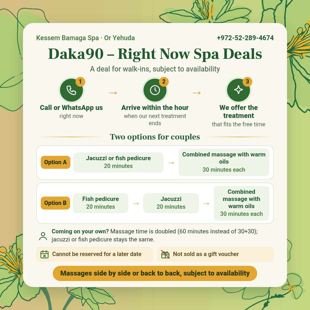 Daka90 last-minute spa at Kessem Bamaga, Or Yehuda: arrive within the hour for jacuzzi or fish pedicure and a massage
